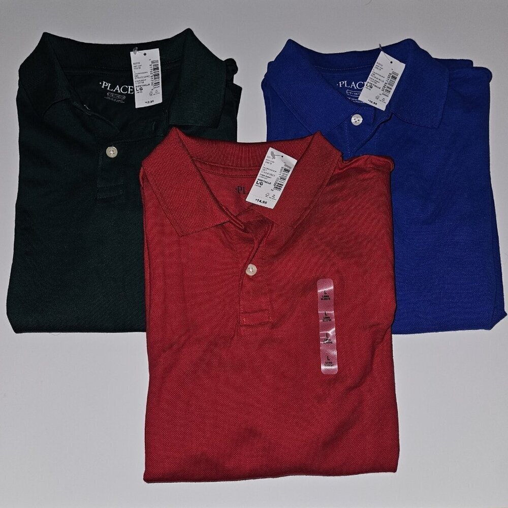 NEW 3 Children's Place TCP Polo Shirt Lot Boys Large 10-12 Red Blue Green LS SS